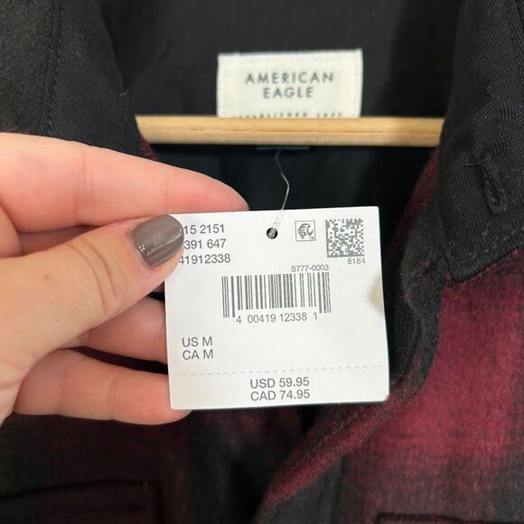 NEW American Eagle Mens Fireside Flannel M Red Black Plaid Button Up Fleece Soft - Picture 5 of 7